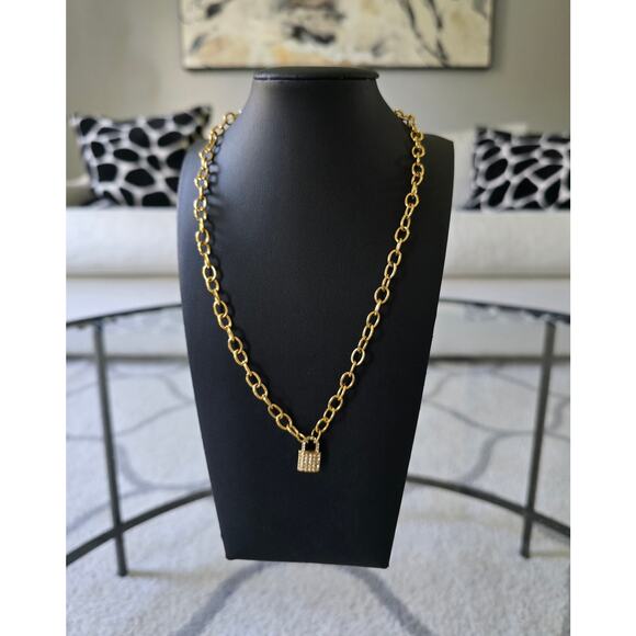 Stainless Steel Gold Rhinestone Lock Necklace New - Picture 3 of 4